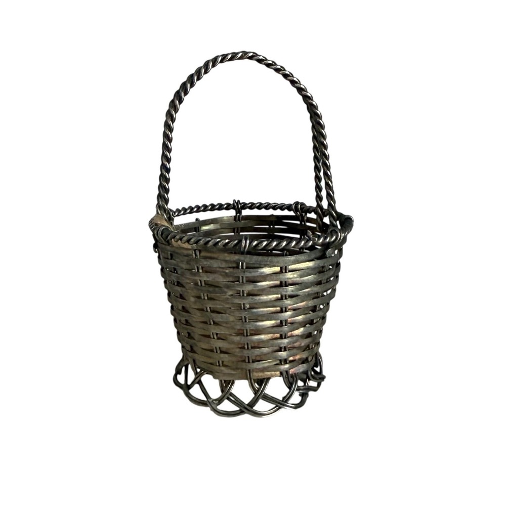 Vintage Miniature Woven Metal Basket Silver Tone Twisted Handle Trinket Decor